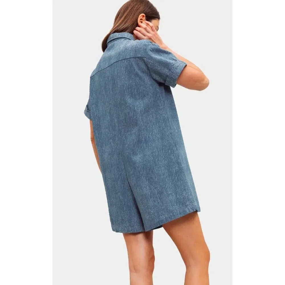 FRNCH Paris LEOLINE Button Front Boxy Patch Pocket Denim Romper Blue Size M $78 - Picture 2 of 7